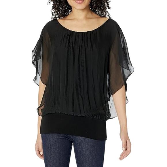 M Tops - M Made in Italy Ruffle Sleeve Scoop Neckline Blouse Silk Blend Black Size Small